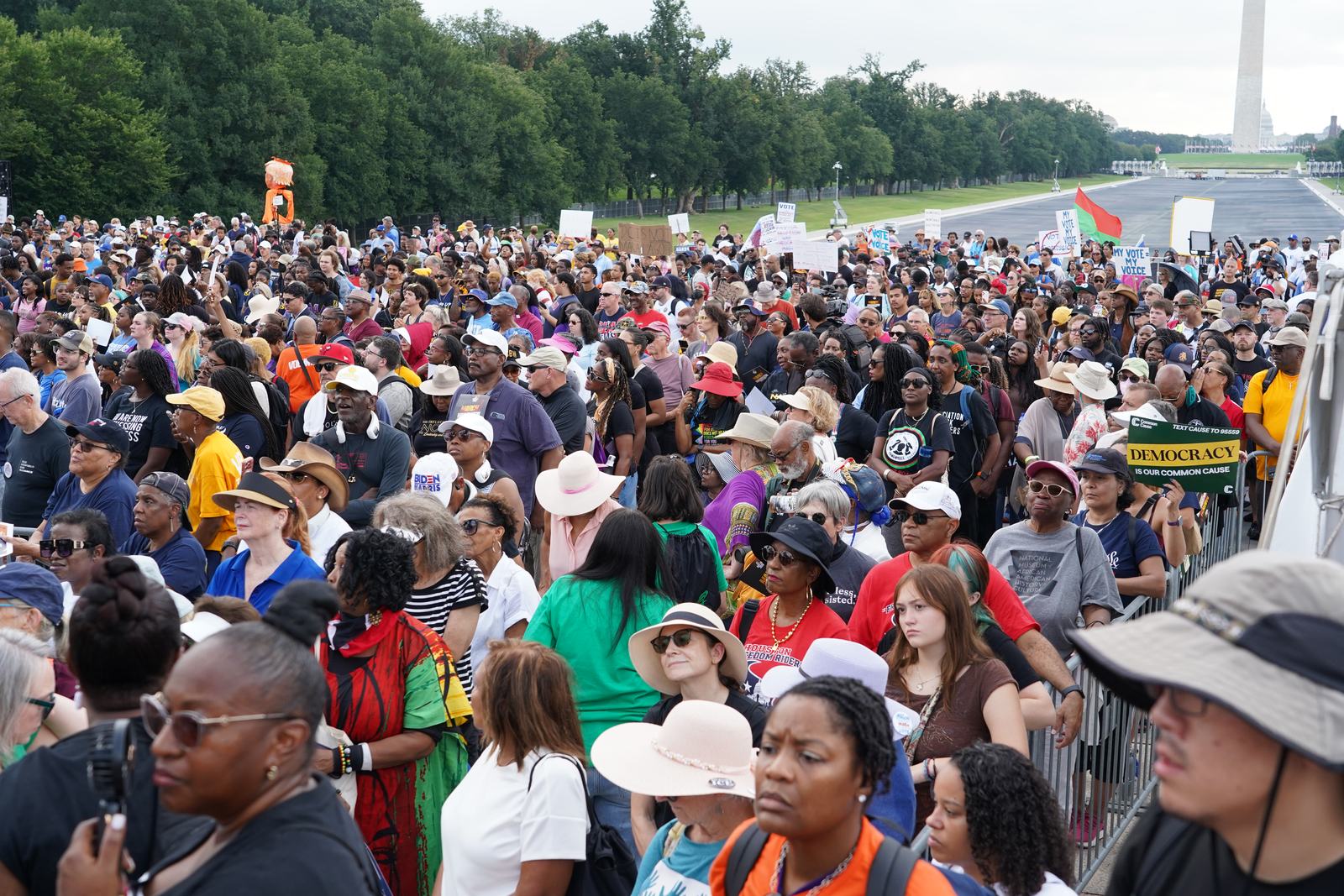 Thousands of marchers stretching back across the National Mall toward the Washington Monument.